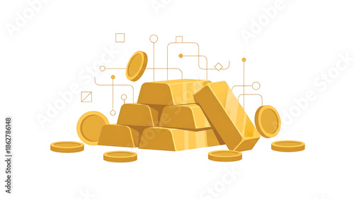 A stack of bars and scattered coins in shades of yellow and gold, set against a clean white backdrop, with abstract lines