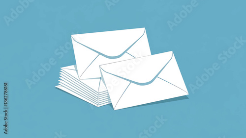 A stack of blank, white envelopes with a light blue background. Two envelopes are on top, one overlapping the other, with a smooth, modern design