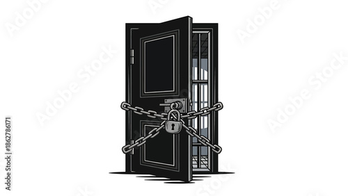 A stark illustration depicts a partially open black door secured by chains and a padlock. Bars are visible through the opening