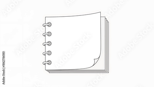 A stack of blank white paper sheets with a spiral binding on the left side, one page curled