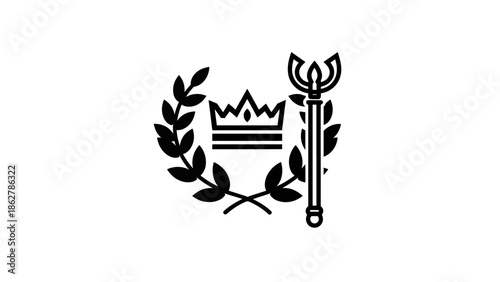 A stark, minimalist emblem with a crown atop a laurel wreath. A scepter adorns the right, creating a sense of authority and royalty