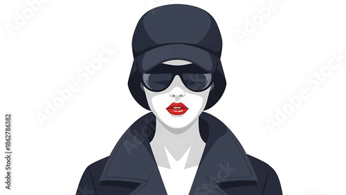 A stylish female figure is depicted, wearing a dark cap, sunglasses, and a tailored coat. The graphic is minimalist and bold, with white background