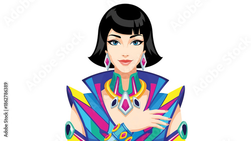 A stylish female figure with black bob haircut, wearing colorful geometric-patterned futuristic clothing and jewelry. She poses with a hand at her chest