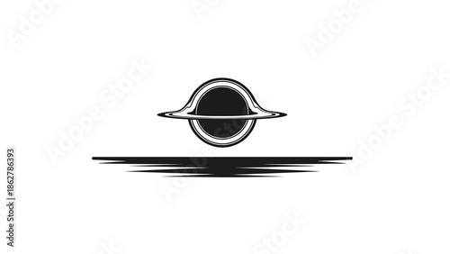 A stark, minimalist illustration of a celestial object, resembling a black hole. It has a circle and surrounding accretion disk. A dark line is under