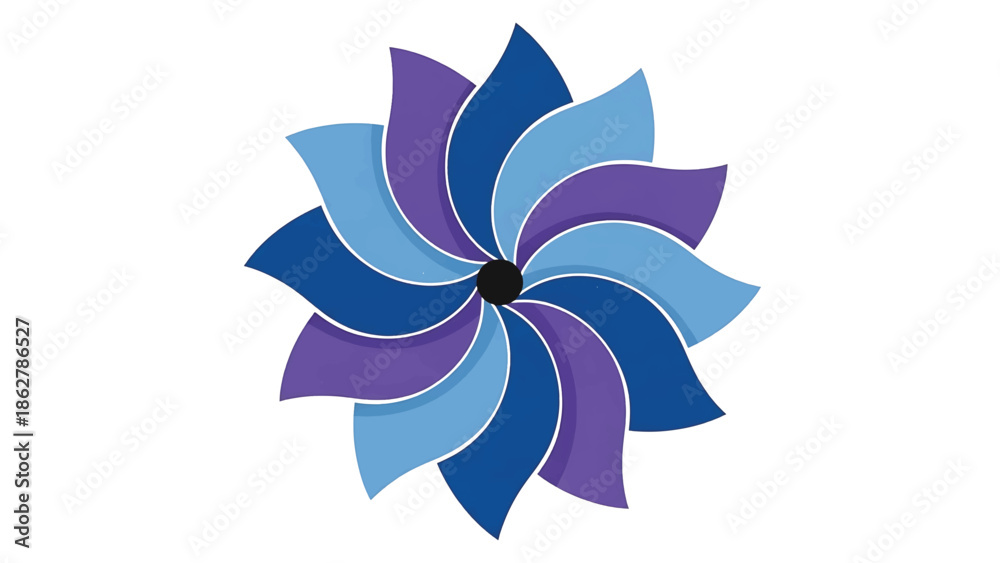 Fototapeta premium A stylized abstract flower design composed of overlapping, curved petals. The petals employ various shades of blue and purple. A central black dot anchors the composition