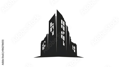 A stark, minimalist silhouette of a damaged building, rendered in black against a bright white backdrop. Windows are visible