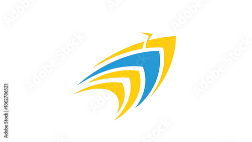 A stylized design composed of blue and yellow shapes suggesting upward movement, set against a pristine white background. The forms create a dynamic effect