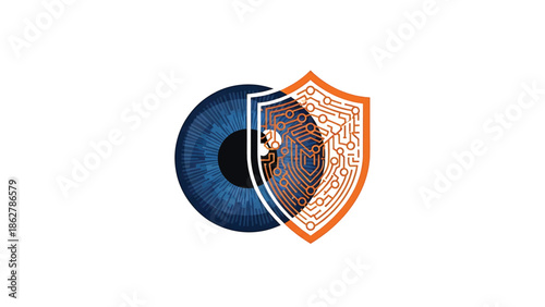 A stylized design on a white background, featuring a human eye next to a shield with electronic circuit patterns