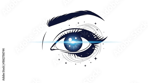 A stylized eye, featuring a cosmos-themed iris with stars and celestial elements. The eye is depicted on a white background