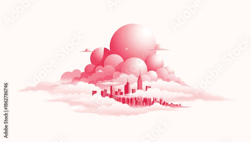 A stylized cityscape floats amidst fluffy clouds and large spheres, all in shades of pink and white. A modern, imaginative illustration