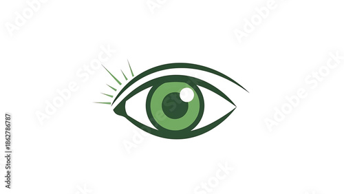 A stylized eye graphic, green iris with darker outline and textured effect. A sun-like element above the eye, white background