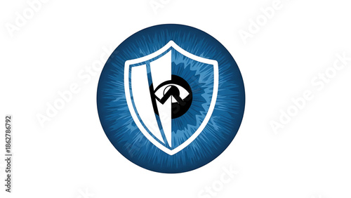 A stylized eye graphic, featuring a detailed blue iris and a protective shield symbol overlay. The pupil is black, the shield white