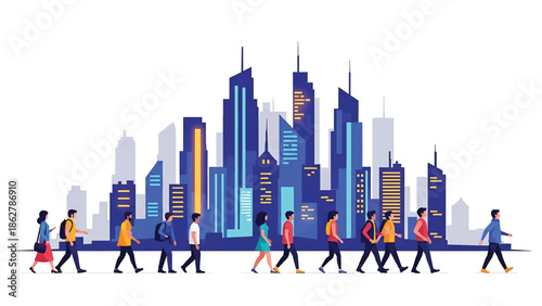 A stylized cityscape illustration shows a line of people walking in front of skyscrapers. The figures are simple, and city buildings are vibrant