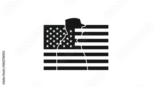 A stark silhouette depicts a person's head and shoulders integrated into an American flag design. The figure's profile overlays the stars and stripes