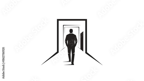 A stark silhouette of a person walking through a series of doorways. The illustration is minimalist, offering a sense of depth and perspective