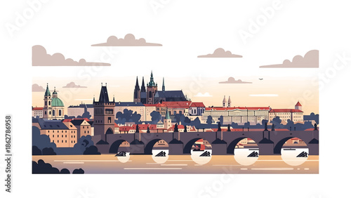 A stylized cityscape illustration shows a river, stone bridge, and historic buildings under a cloudy sky. The colors are muted, and it's a calm setting