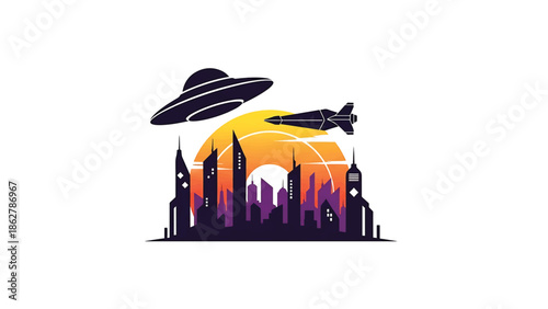 A stylized cityscape illustration shows a silhouette of buildings with a colorful sunset in the background, topped with a spaceship and a UFO