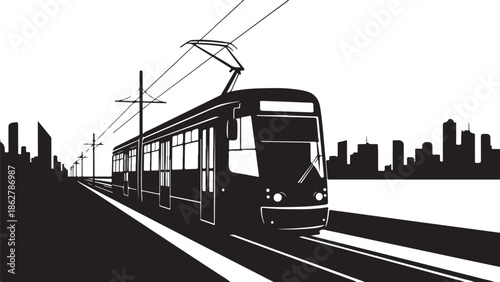 A black and white illustration of a tram in a city