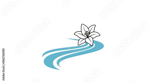 A stylized floral graphic featuring a white lily floating atop a turquoise, flowing design, suggestive of water. Set against a white background