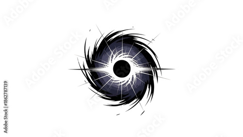 A stylized graphic of a swirling vortex, centered on a white background. Dark, jagged lines surround a central black circle. The inside is shaded