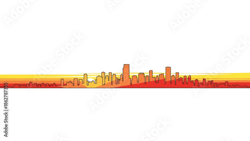 A stylized cityscape in silhouette, set against a sunset gradient of orange and yellow, with a bright white background