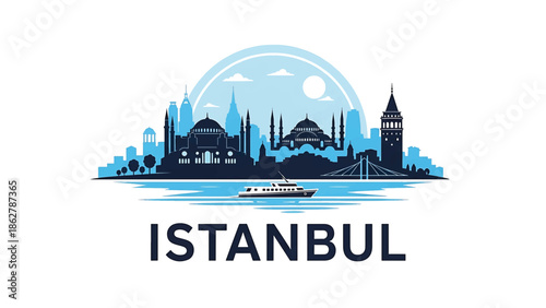 A stylized cityscape silhouette with landmarks, a boat, and the name below. Includes a blue sky, water, and an iconic bridge