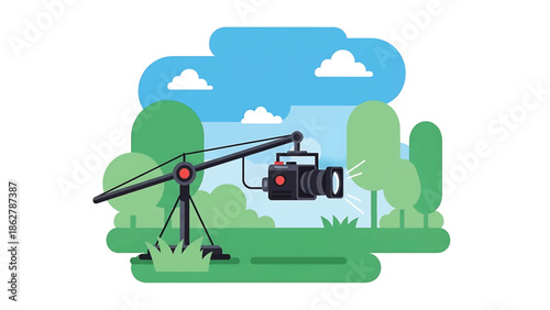A stylized illustration depicting a camera on a crane capturing a landscape with trees, grass, clouds, and a bright blue sky