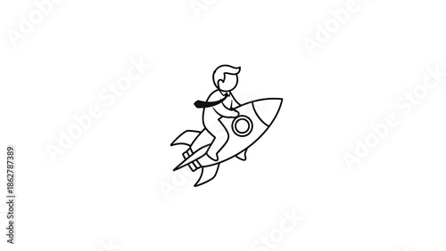 A stylized black and white illustration of a figure riding a rocket, suggesting concepts of growth, success, and achieving goals