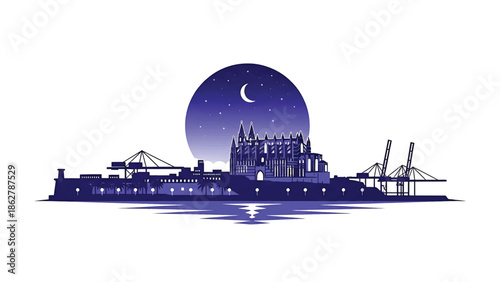 A stylized illustration depicting a city skyline at dusk with a large cathedral and moon, reflecting in the water, cranes