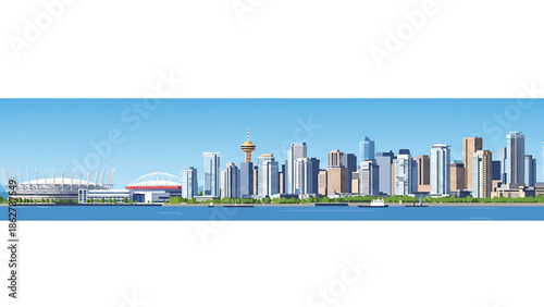 A stylized illustration depicting a city skyline beside a body of water. Features include modern architecture, a prominent tower, and a stadium