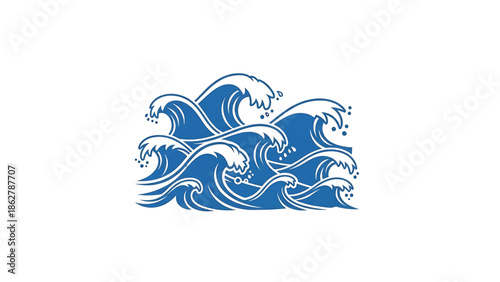 A stylized illustration depicting a cluster of rolling ocean waves in a deep shade of blue, against a white backdrop