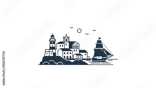 A stylized illustration depicting a coastal scene with a lighthouse, buildings on a rocky outcropping, a sailboat, birds, and the sun