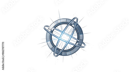 A stylized illustration depicting a complex, geometric design. A central circle is intersected by curving lines, emanating light, all against a white background