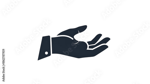 A stylized hand icon, dark blue on white. The hand is open and reaching out, with a cuff and button visible. Simple, clean, and symbolic