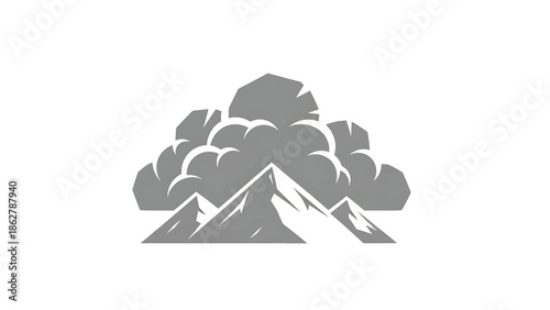 A stylized, gray illustration depicting mountains beneath a cloud. The peaks have angular shapes, with a textured look, conveying a sense of nature