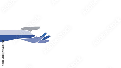 A stylized hand rendered in shades of blue and gray reaching out, with a white background, suggesting help or offering