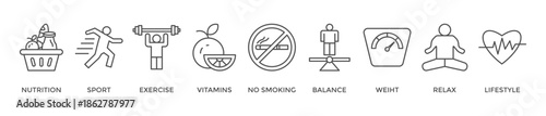 Healthy living banner web icon vector illustration concept with icon of nutrition, sport, exercise, vitamin, no smoking, balance, weight, relax and lifestyle