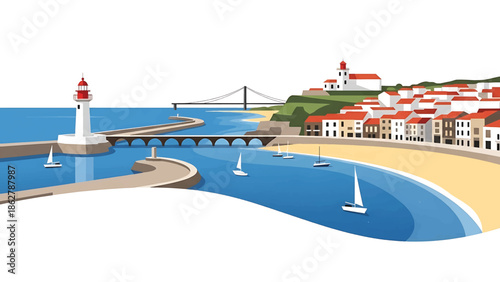 A stylized harbor scene features a lighthouse, pier, bridge, and coastal village with red-roofed buildings. Sailboats and calm water complete the picture