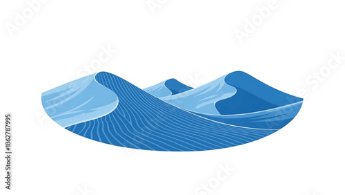 A stylized illustration depicting a series of rolling sand dunes in shades of blue. The dunes are defined with fine lines