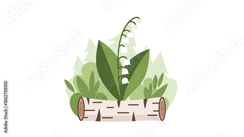 A stylized illustration depicting a lily of the valley blooming, nestled within foliage, resting atop a cut birch log. The background suggests a forest
