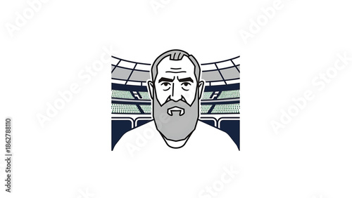 A stylized illustration depicting a man with a gray beard and a white shirt in front of an arena. The arena has rows of seats