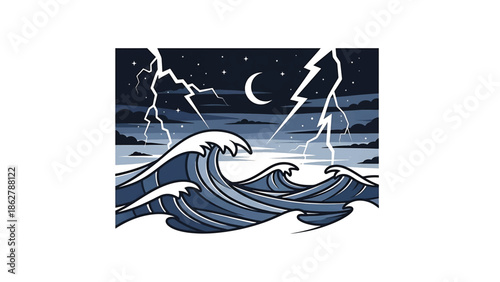 A stylized illustration depicting a stormy sea at night. Waves crash beneath a dark sky with lightning bolts, stars, and a crescent moon