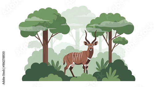 A stylized illustration depicting an African animal standing amongst greenery and trees in a forest setting. The scene uses earthy color tones