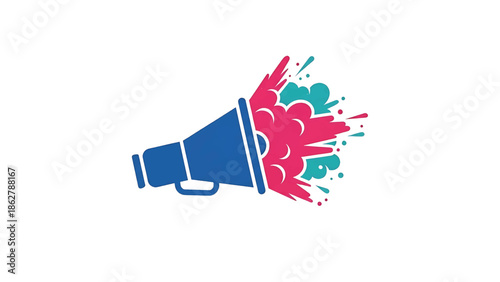 A stylized illustration depicting a megaphone emitting colorful splashes of pink and blue, suggesting announcement. The artwork is on a white background