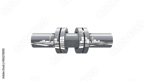 A stylized illustration depicting a cylindrical metal shape with circular connecting rings, and a reflected city scene within the shapes