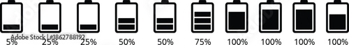 Battery level icon set charge status indicators from low to full power minimal ui design
