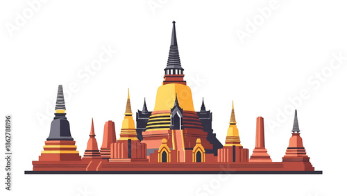 A stylized illustration depicting an ancient architectural complex.  Geometric shapes form pagodas and structures in warm earthy tones against a white backdrop