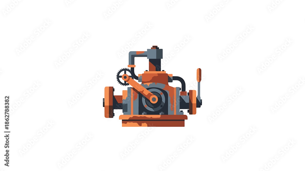 Fototapeta premium A stylized illustration depicting an industrial machine. The artwork uses a flat design aesthetic with visible grunge texture adding character
