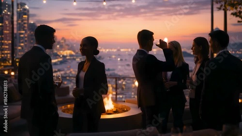 Elegant business gathering on rooftop terrace at sunset with city skyline views, professionals networking in refined evening atmosphere