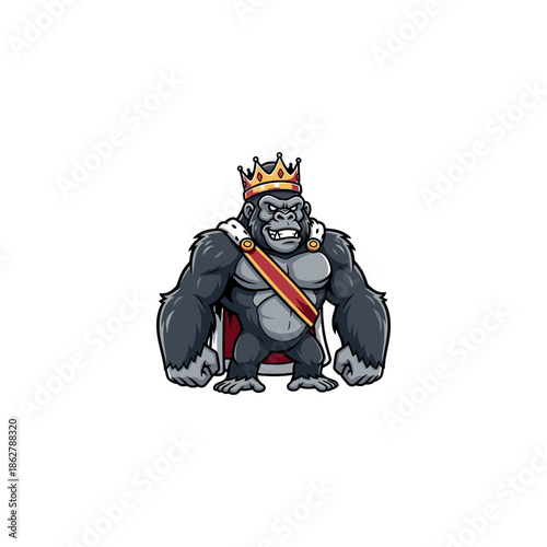 A cartoon gorilla wearing a crown stands proudly with a red sash across its chest